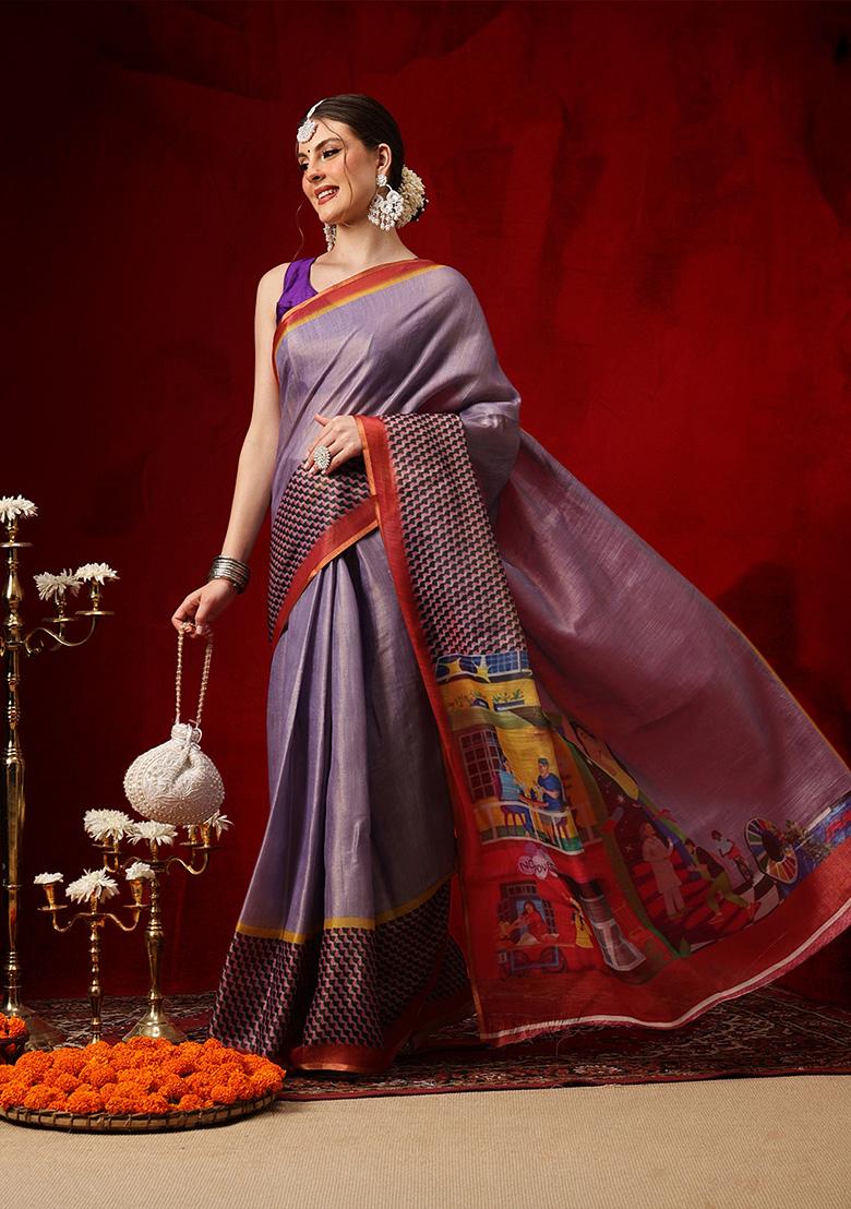 Lavender Printed Cotton Saree Set - Indya