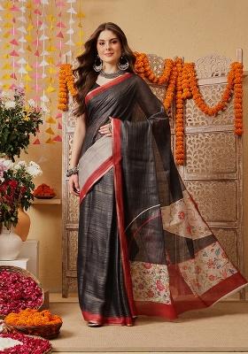 Grey Printed Cotton Saree Set