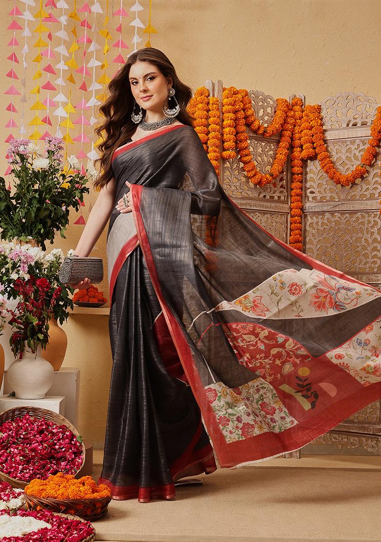 Grey Printed Cotton Saree Set - Indya