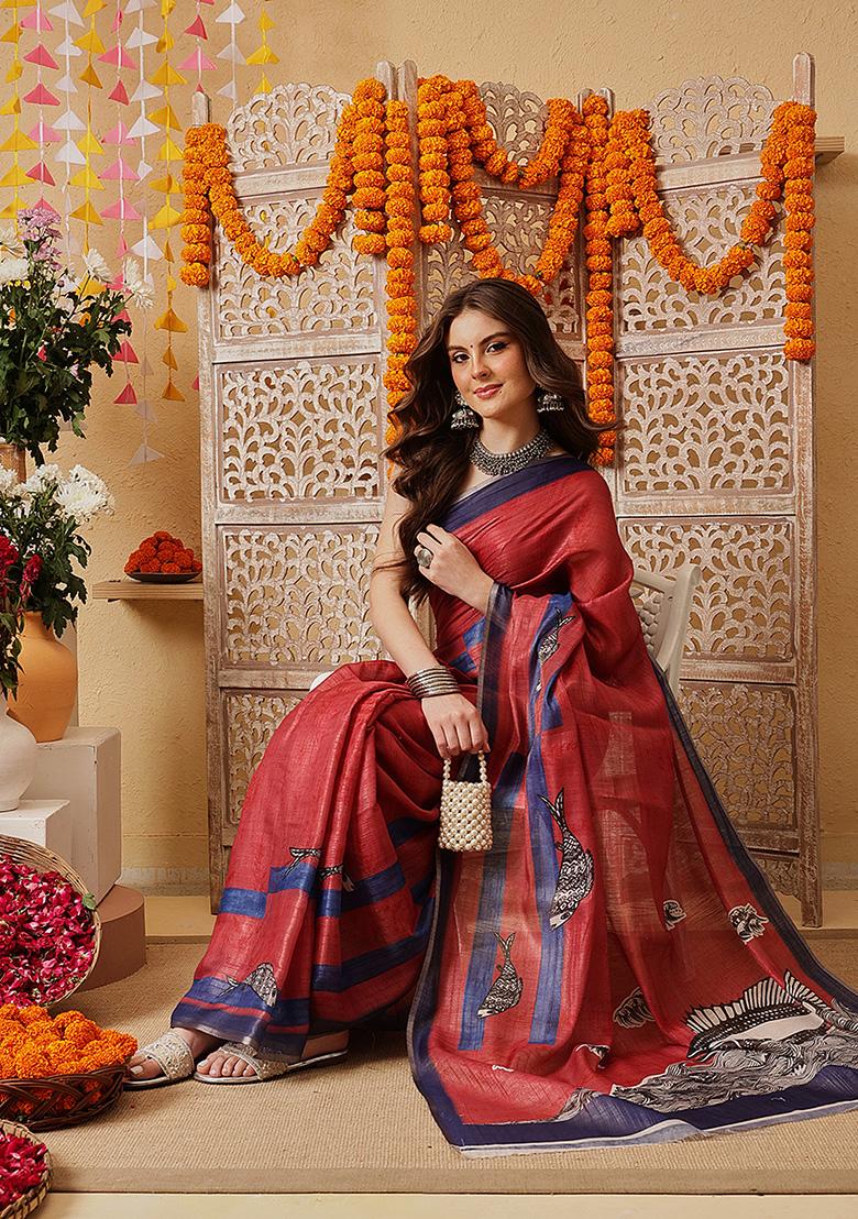 Red Printed Cotton Saree Set - Indya