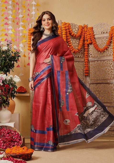 Red Printed Cotton Saree Set