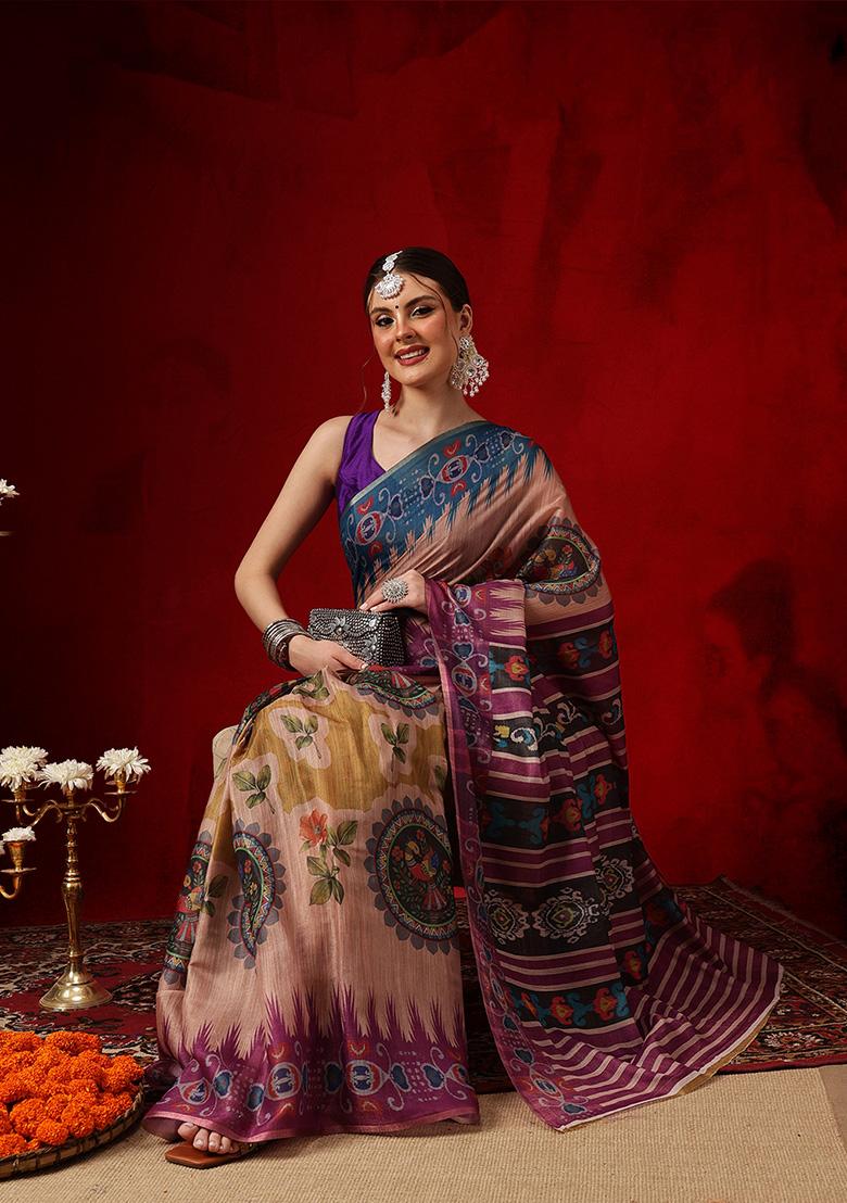 Beige Printed Cotton Saree Set - Indya