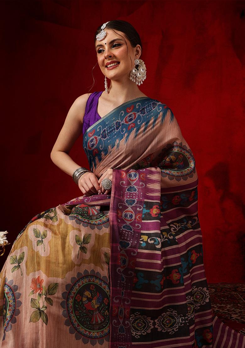 Beige Printed Cotton Saree Set - Indya