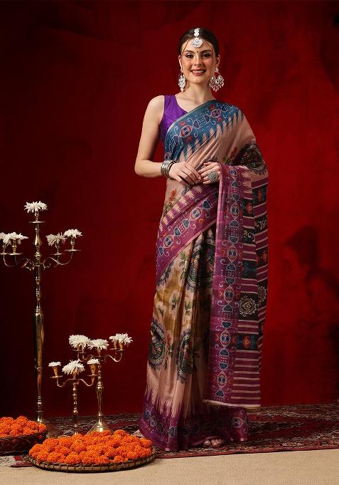 Beige Printed Cotton Saree Set
