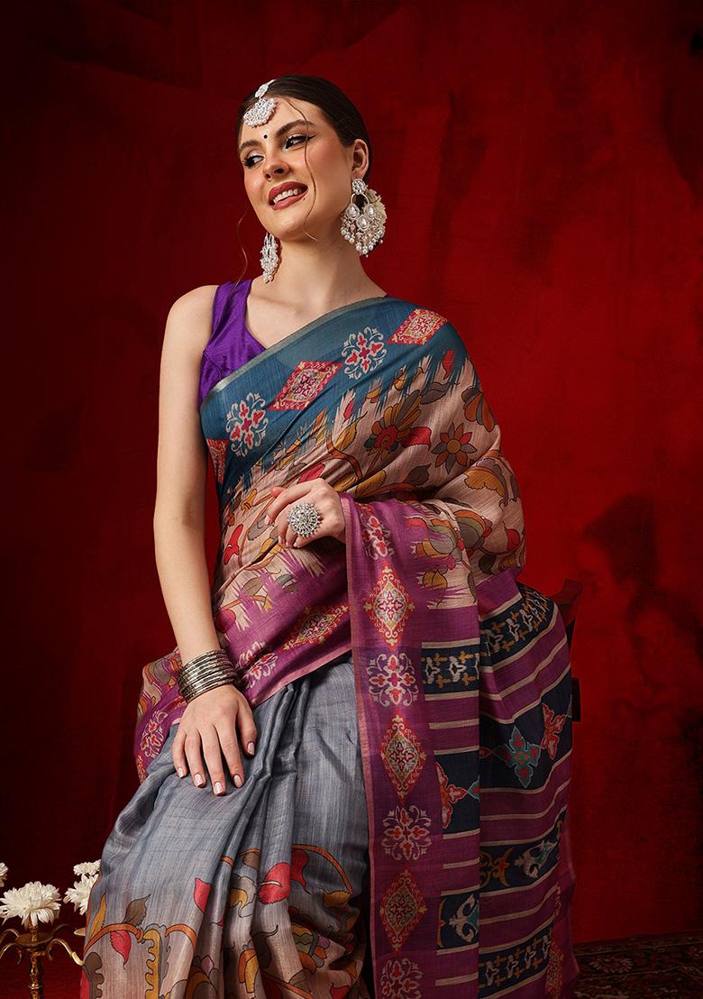 Purple Printed Cotton Saree Set - Indya