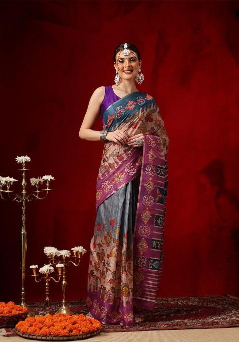 Purple Printed Cotton Saree Set