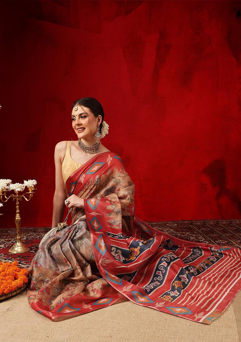 Red Printed Cotton Saree Set - Indya