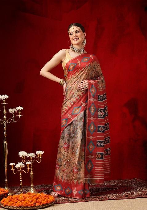 Red Printed Cotton Saree Set