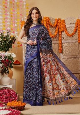 Blue Printed Cotton Saree Set