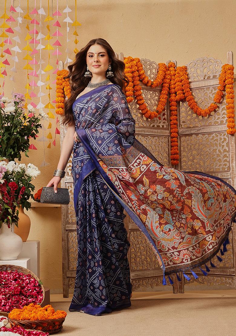 Blue Printed Cotton Saree Set - Indya
