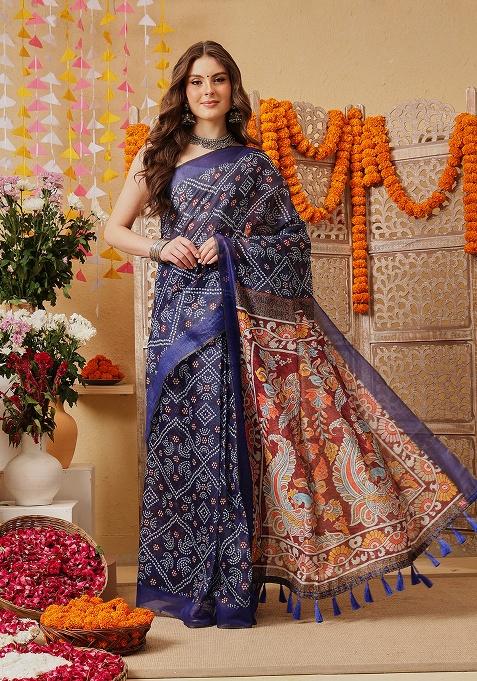 Blue Printed Cotton Saree Set