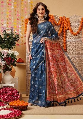 Blue Printed Cotton Saree Set