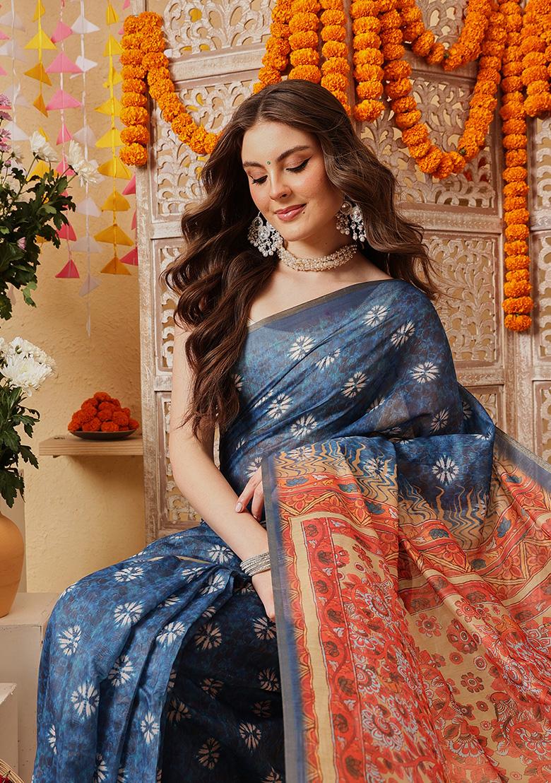Blue Printed Cotton Saree Set - Indya
