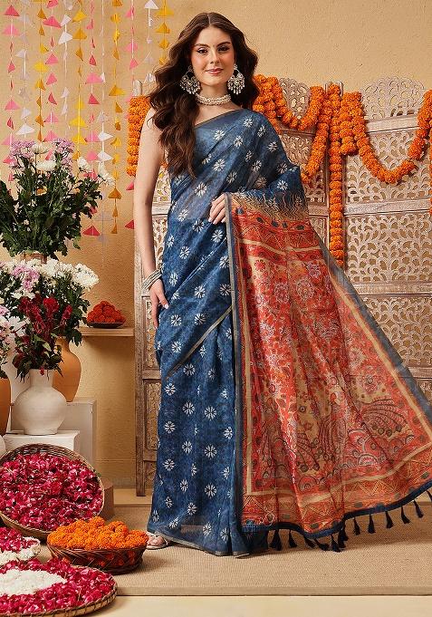 Blue Printed Cotton Saree Set