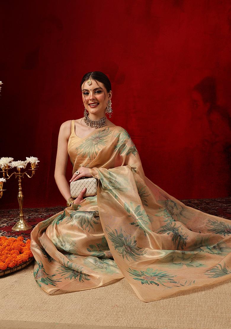 Beige Printed Silk Saree Set - Indya