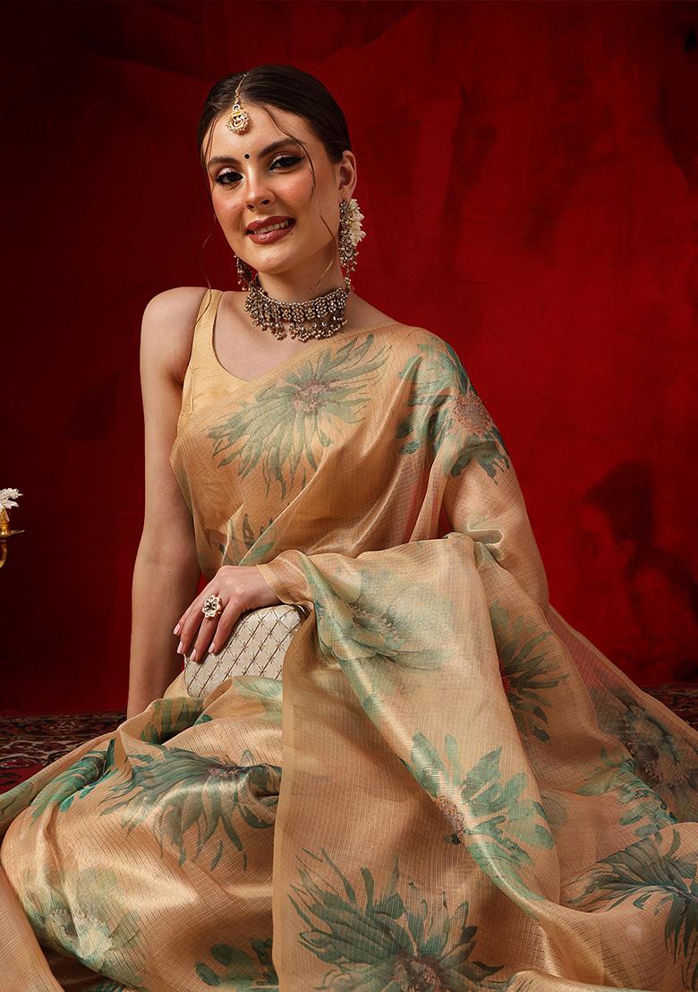 Beige Printed Silk Saree Set - Indya