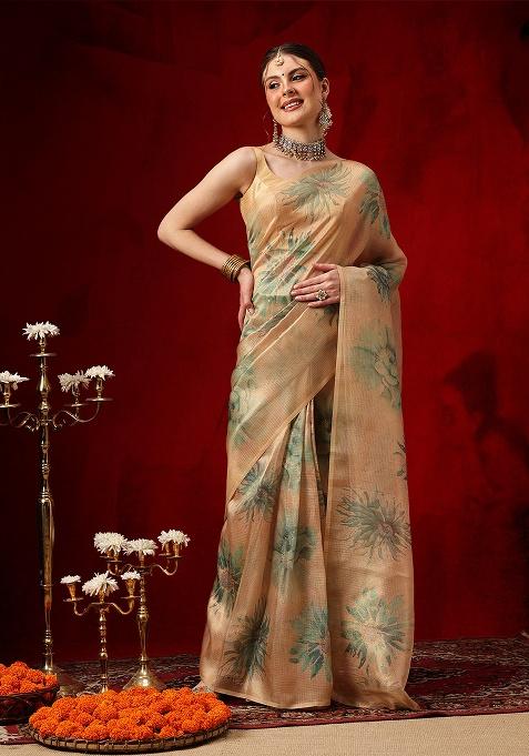 Beige Printed Silk Saree Set