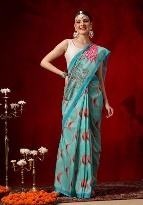 Teal Printed Cotton Saree Set