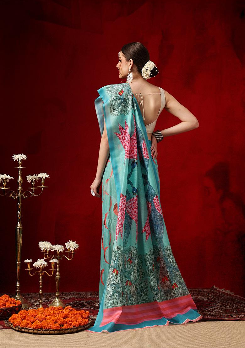 Teal Printed Cotton Saree Set - Indya