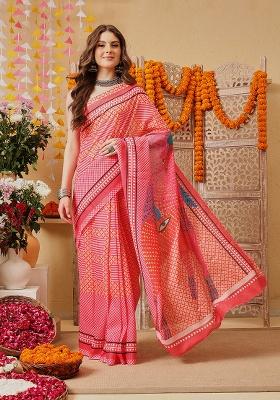 Pink Printed Cotton Saree Set