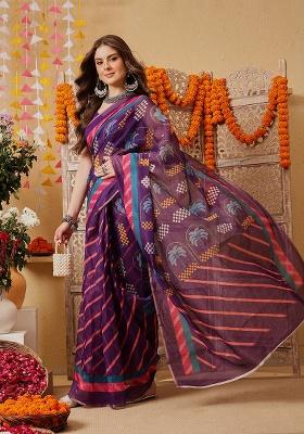 Purple Printed Cotton Saree Set