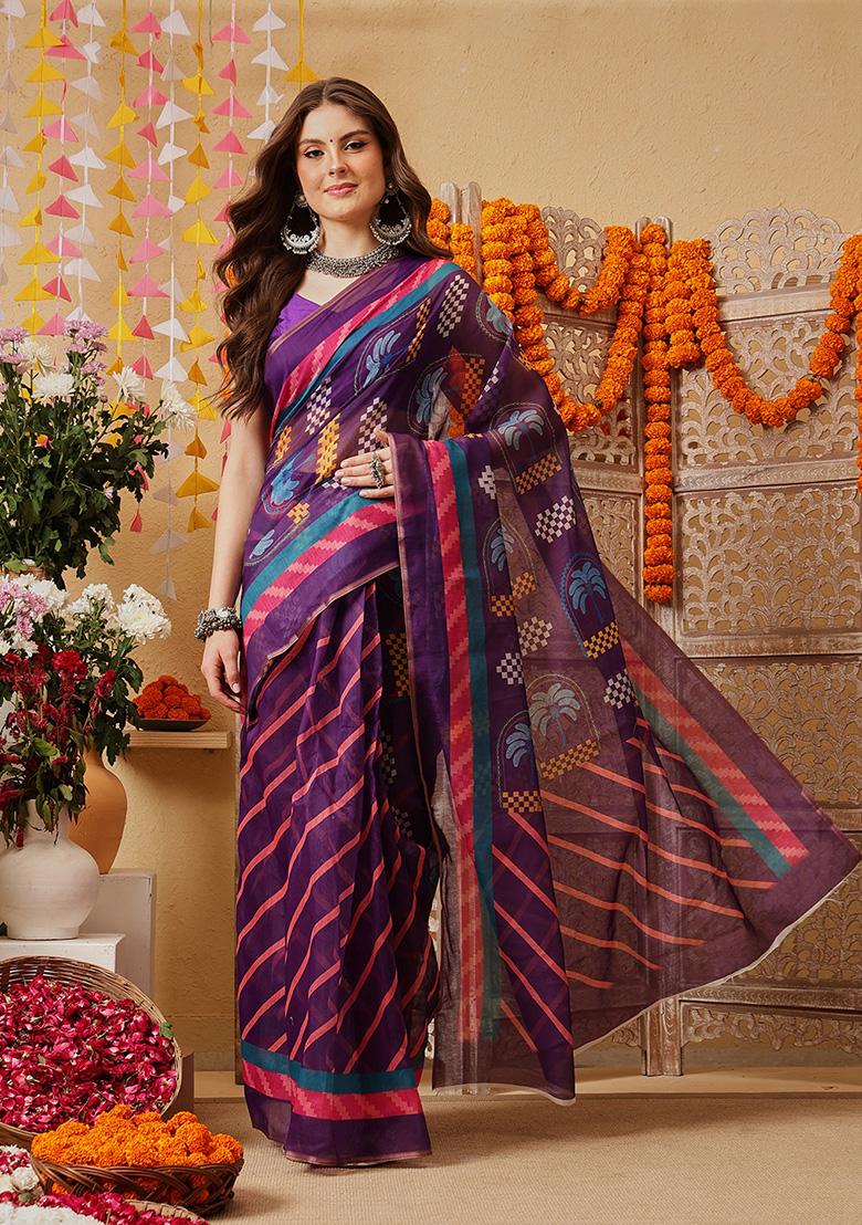 Purple Printed Cotton Saree Set - Indya