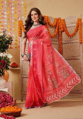 Pink Printed Cotton Saree Set