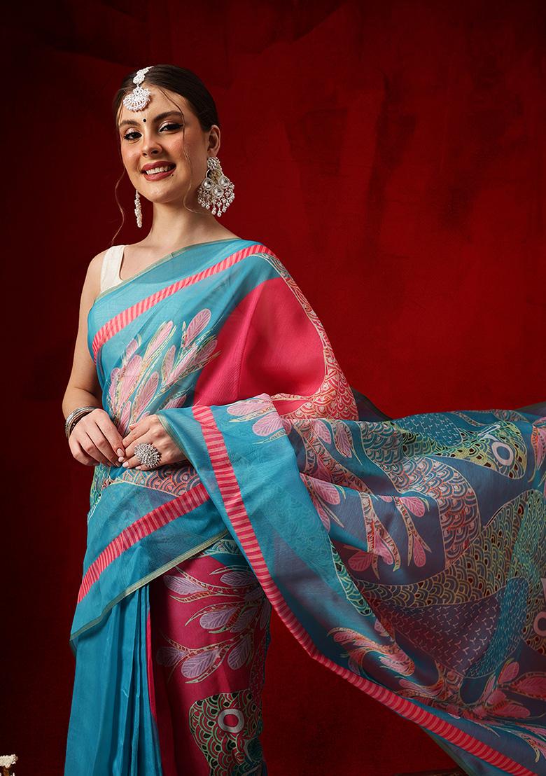 Teal Printed Cotton Saree Set - Indya