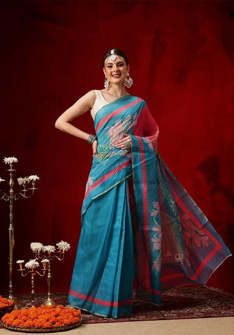 Teal Printed Cotton Saree Set