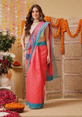 Pink Printed Cotton Saree Set