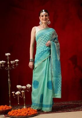 Green Printed Cotton Saree Set