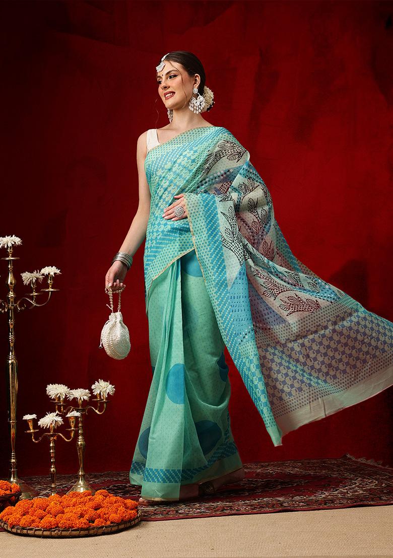 Green Printed Cotton Saree Set - Indya