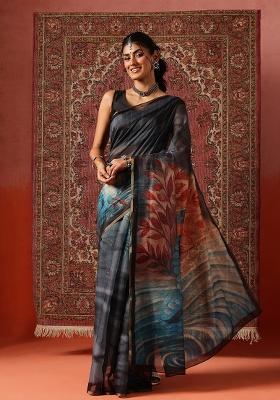 Teal Printed Cotton Saree Set