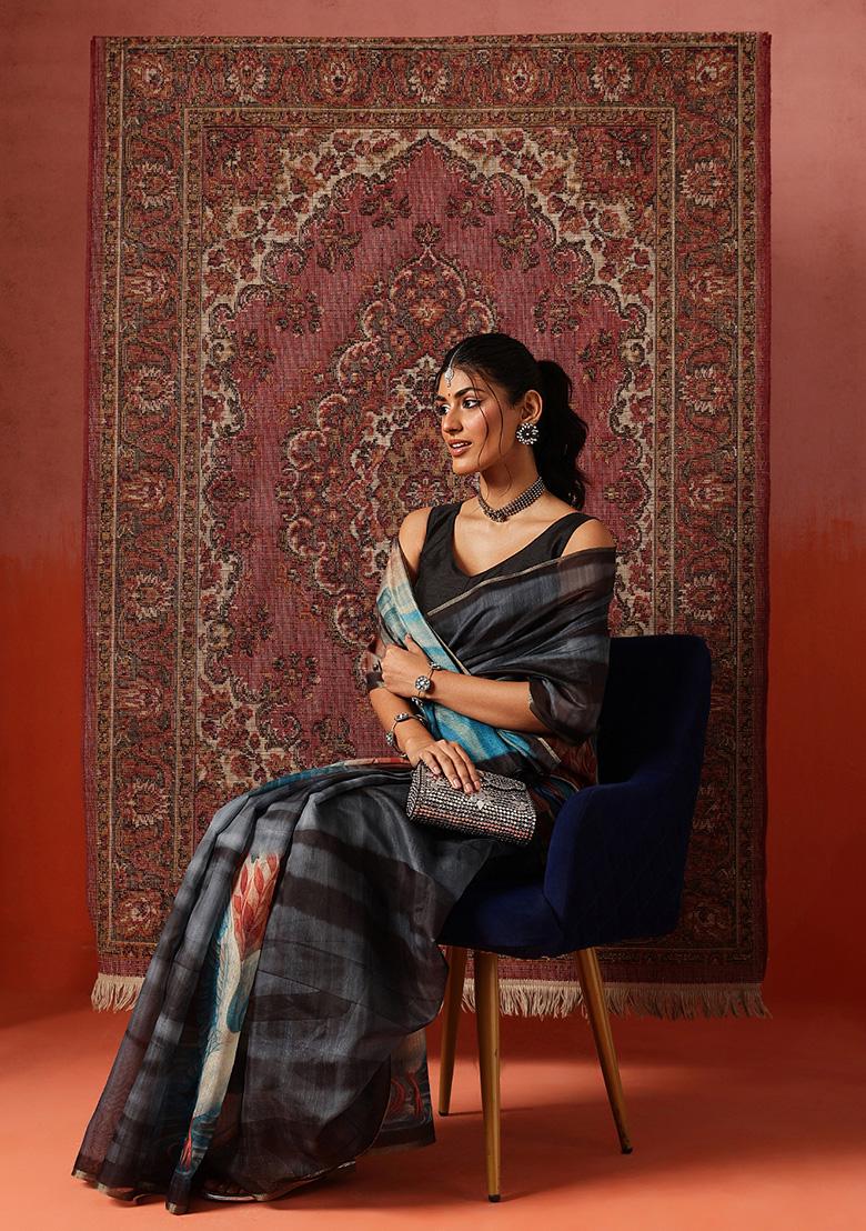 Teal Printed Cotton Saree Set - Indya