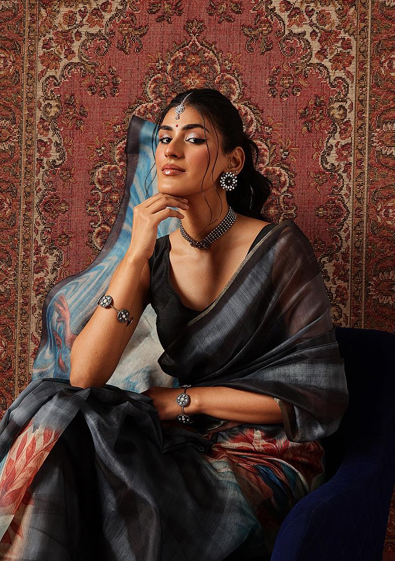 Teal Printed Cotton Saree Set - Indya