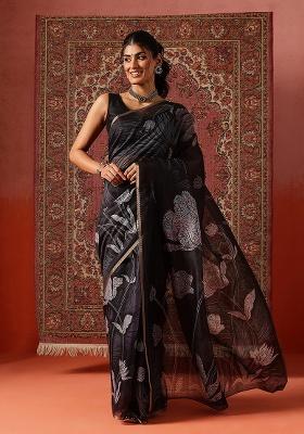 Grey Printed Cotton Saree Set