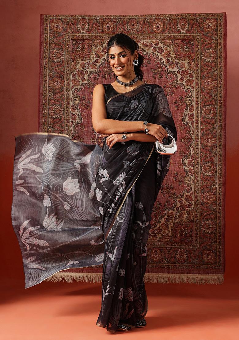 Grey Printed Cotton Saree Set - Indya