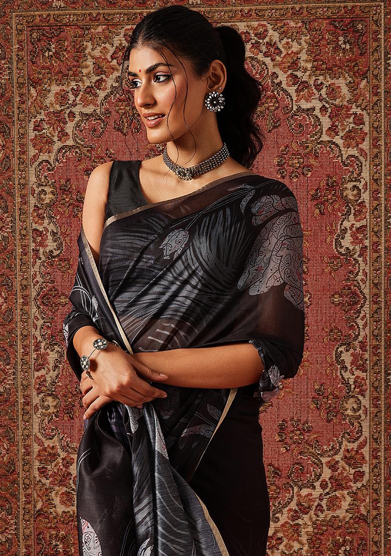 Grey Printed Cotton Saree Set - Indya