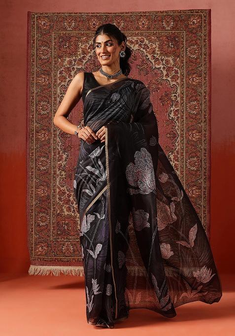 Grey Printed Cotton Saree Set