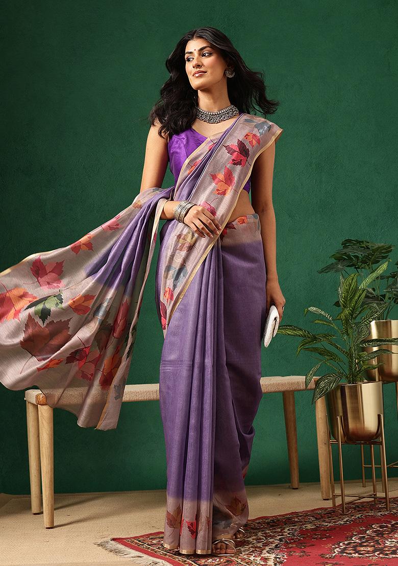 Beige Printed Cotton Saree Set - Indya