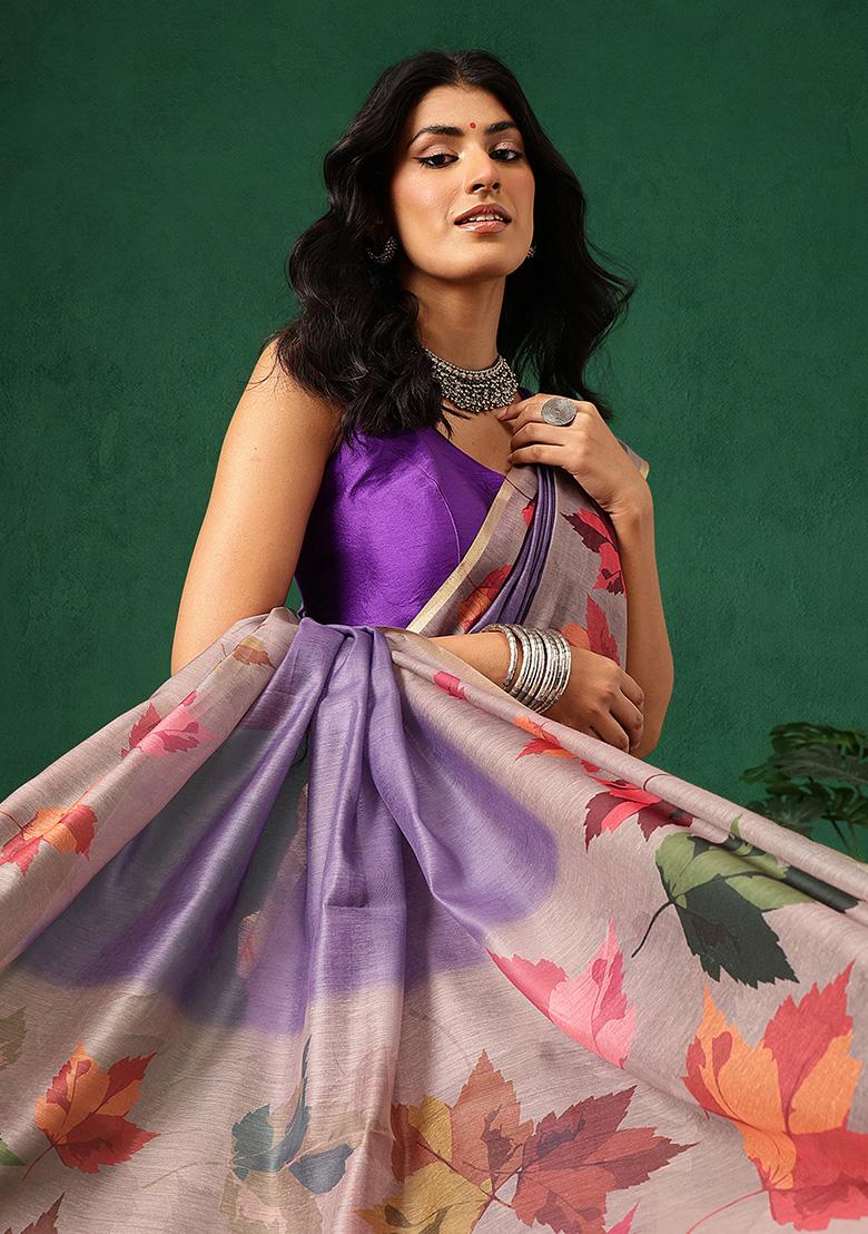 Beige Printed Cotton Saree Set - Indya