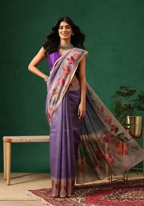 Beige Printed Cotton Saree Set