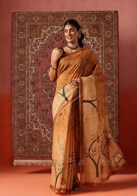 Mustard Printed Cotton Saree Set