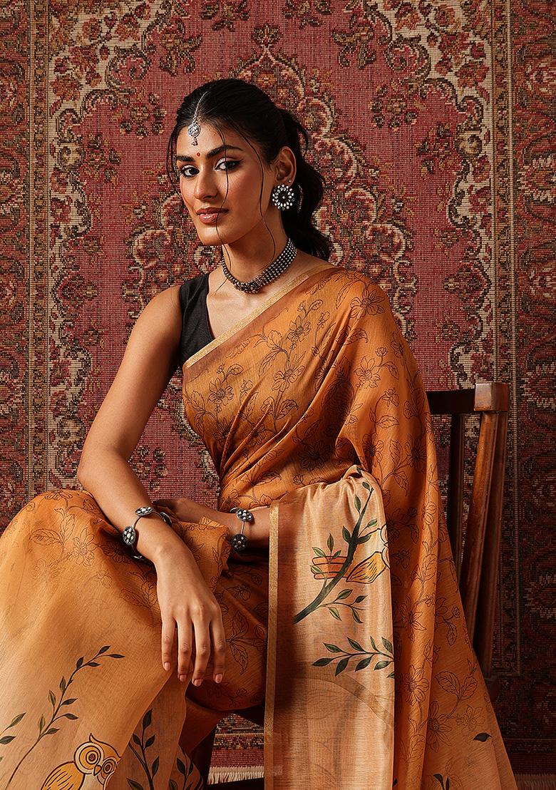 Mustard Printed Cotton Saree Set - Indya