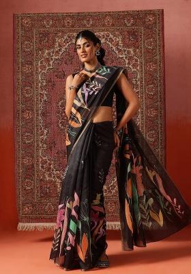 Black Printed Cotton Saree Set