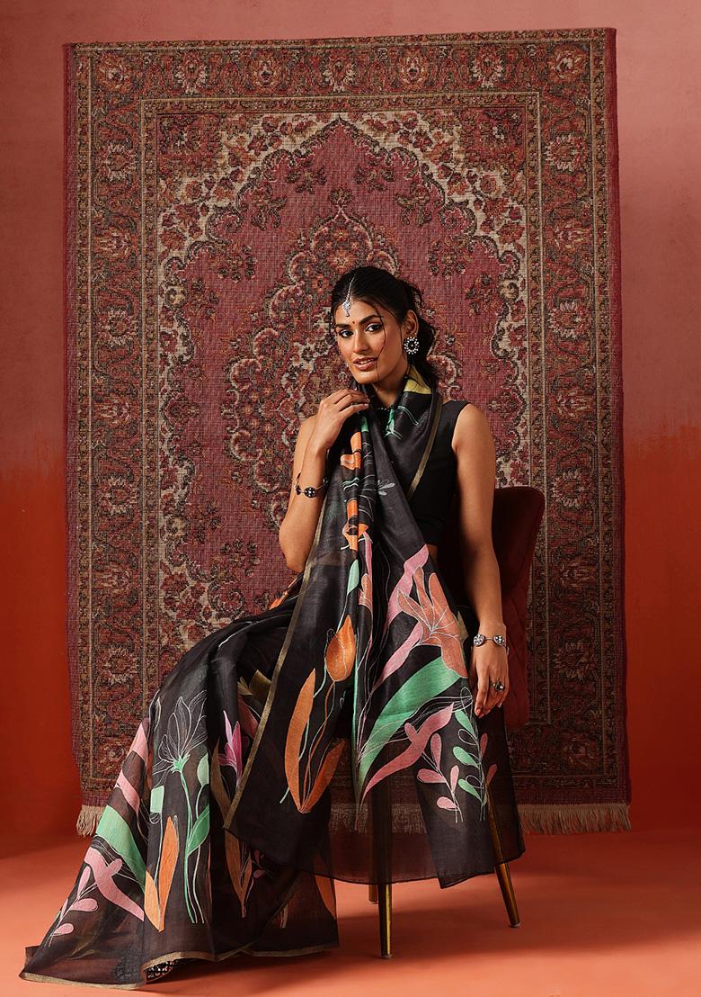 Black Printed Cotton Saree Set - Indya