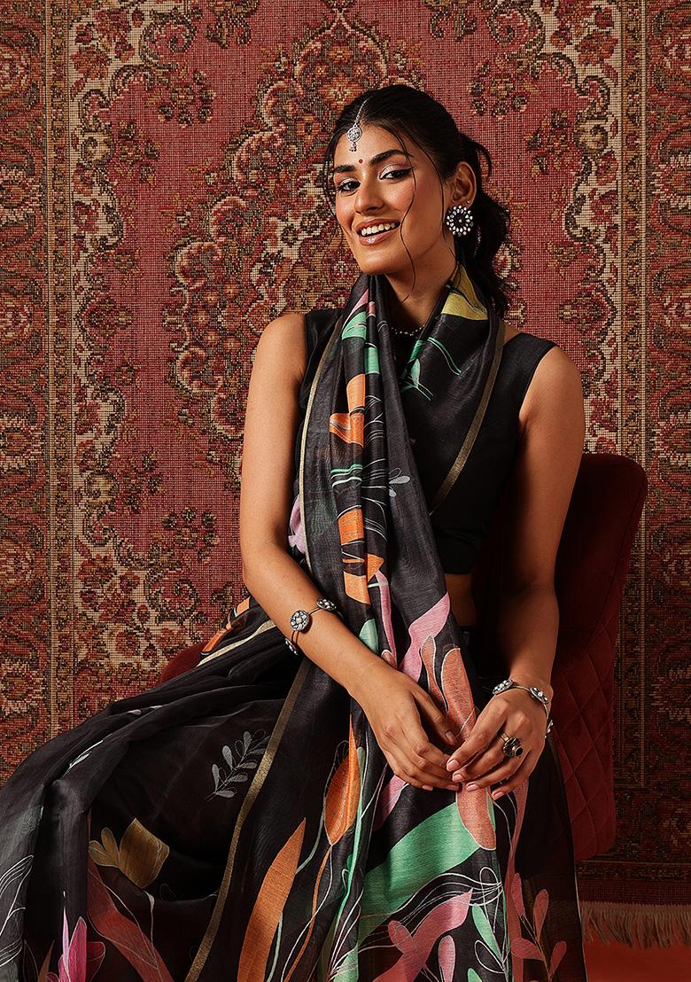 Black Printed Cotton Saree Set - Indya