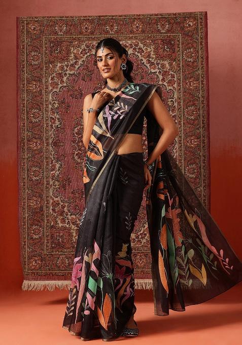 Black Printed Cotton Saree Set
