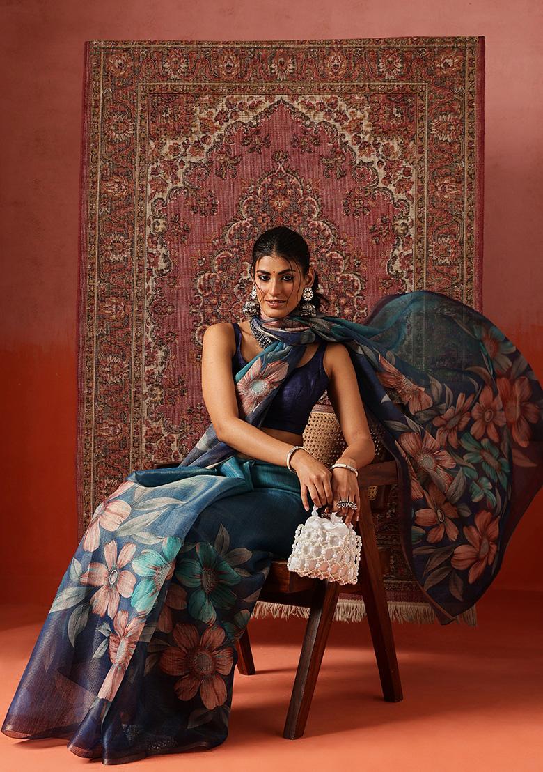 Blue Printed Silk Saree Set - Indya