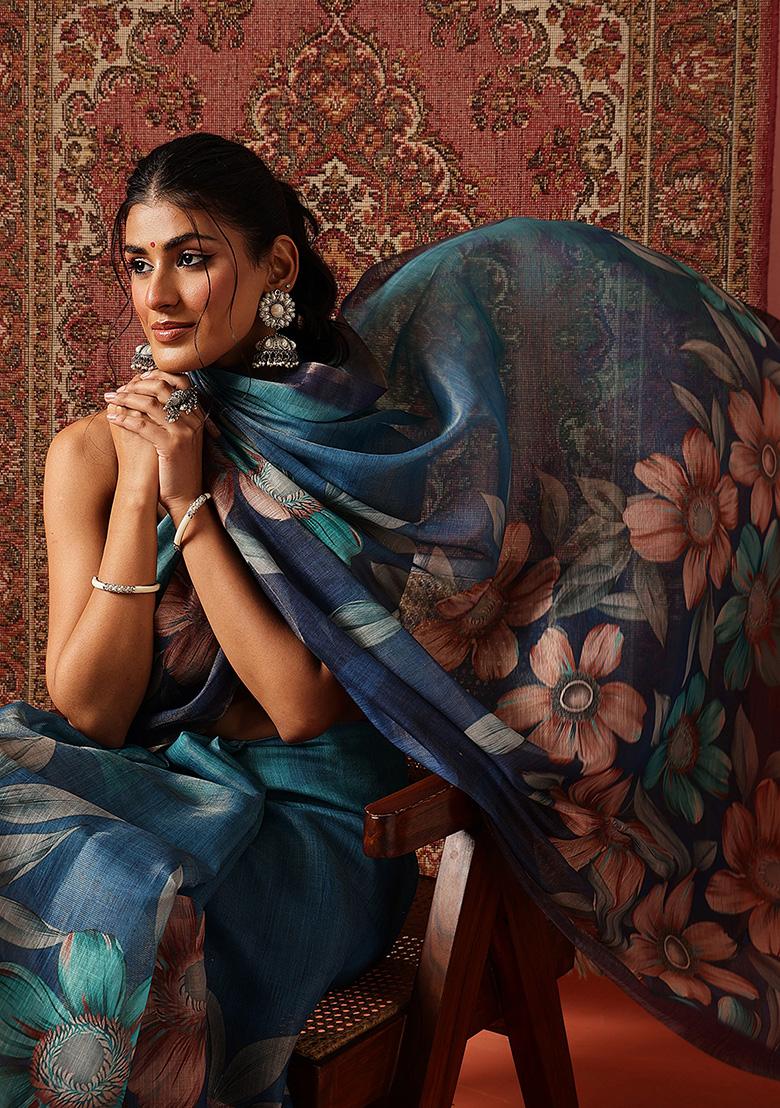 Blue Printed Silk Saree Set - Indya